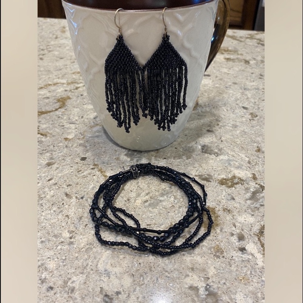 Black Beaded Earrings and Stretch Bracelet